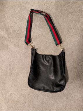 Social Threads Vegan Leather Black Crossbody Bag w/ Green-Red-Black Stripe Strap
